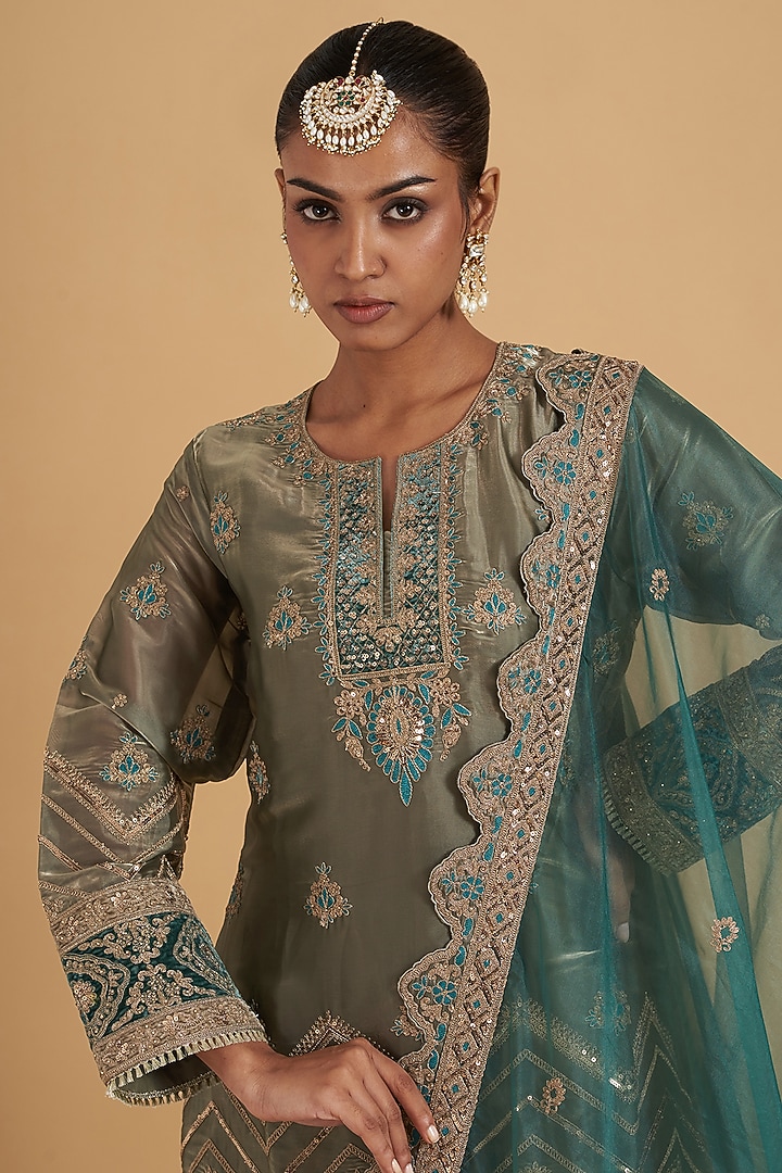 Army Green Tissue Satin Embroidered Wedding Sharara Set by Sidhaarth and Disha at Pernia's Pop Up Shop