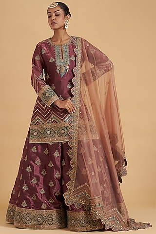 Wine Tissue Satin Embroidered Sharara Set by Sidhaarth and Disha