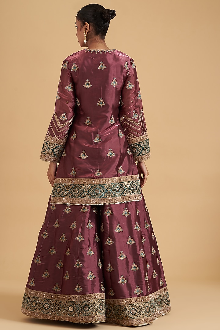 Wine Tissue Satin Embroidered Wedding Sharara Set by Sidhaarth and Disha at Pernia's Pop Up Shop