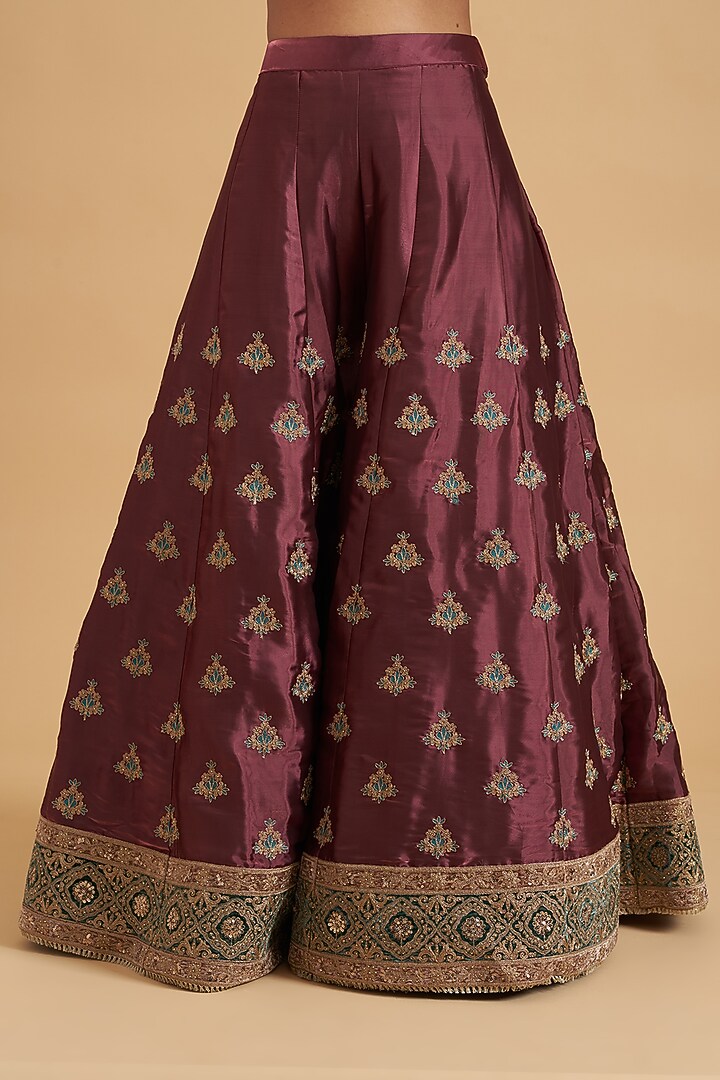 Wine Tissue Satin Embroidered Wedding Sharara Set by Sidhaarth and Disha at Pernia's Pop Up Shop