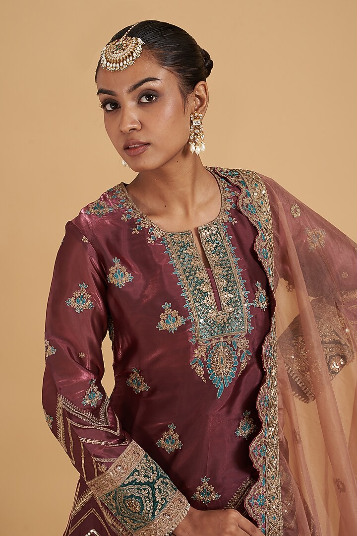 Wine Tissue Satin Embroidered Wedding Sharara Set by Sidhaarth and Disha at Pernia's Pop Up Shop