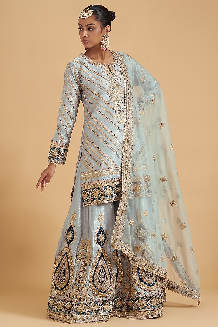 Cloudy Grey Shimmer Chiffon Embroidered Wedding Sharara Set by Sidhaarth and Disha at Pernia's Pop Up Shop