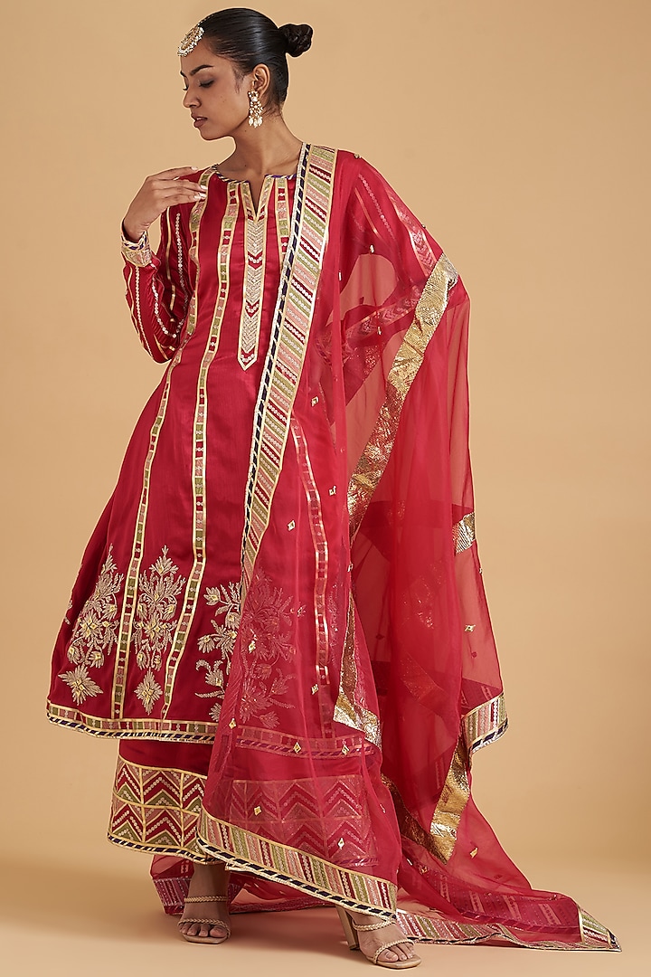 Crimson Red Crushed Silk Embroidered Anarkali Set by Sidhaarth and Disha