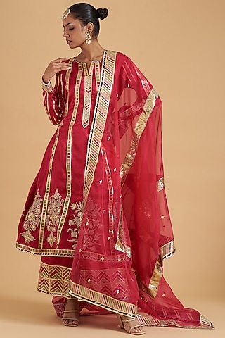 Crimson Red Crushed Silk Embroidered Anarkali Set by Sidhaarth and Disha