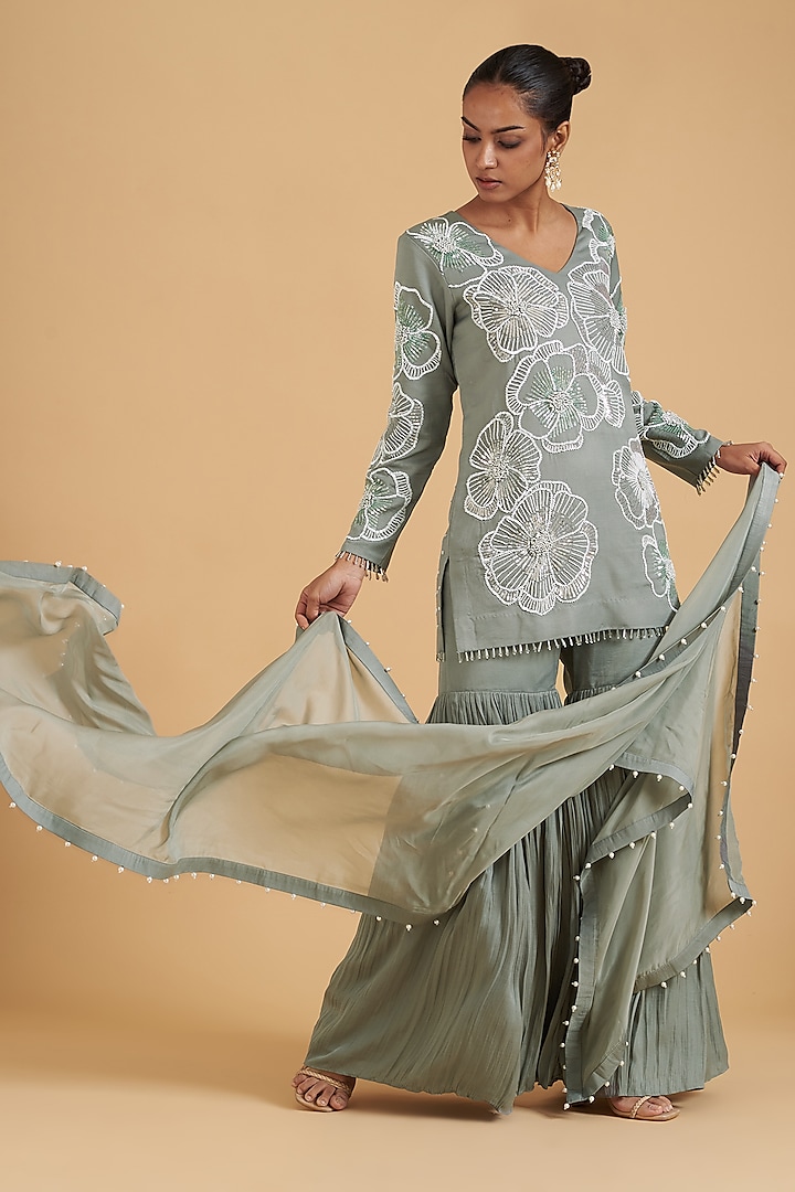 Grey Silk Embroidered Gharara Set by Sidhaarth and Disha