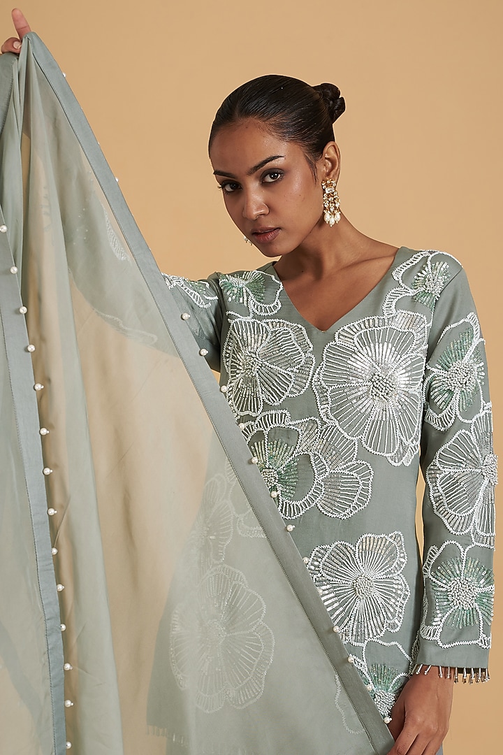 Grey Silk Embroidered Gharara Set by Sidhaarth and Disha at Pernia's Pop Up Shop