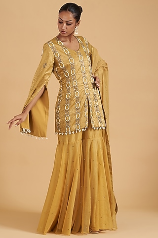 Yellow Crepe Sharara Set by Sidhaarth and Disha