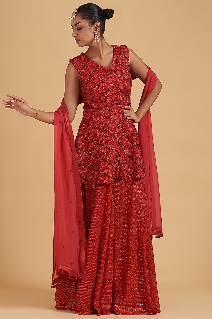 Red Georgette Sharara Set by Sidhaarth and Disha