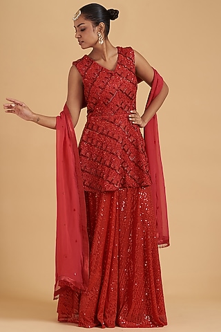 Red Georgette Sharara Set by Sidhaarth and Disha