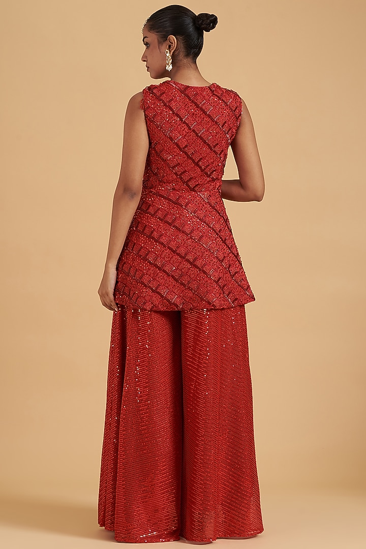 Red Georgette Wedding Sharara Set by Sidhaarth and Disha at Pernia's Pop Up Shop
