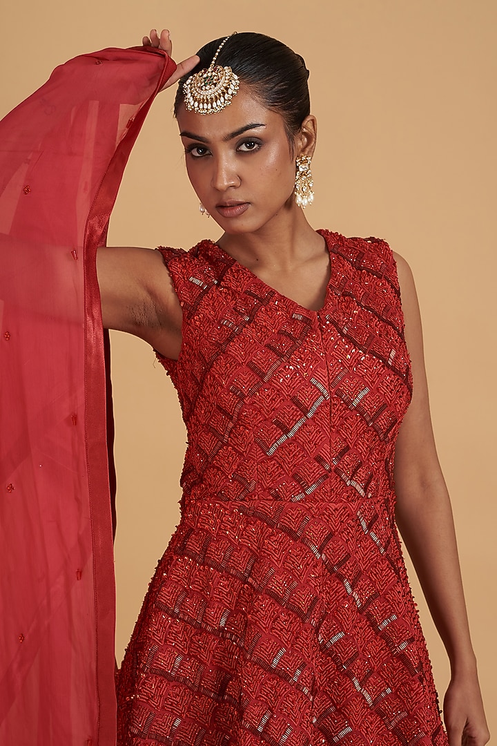 Red Georgette Wedding Sharara Set by Sidhaarth and Disha at Pernia's Pop Up Shop