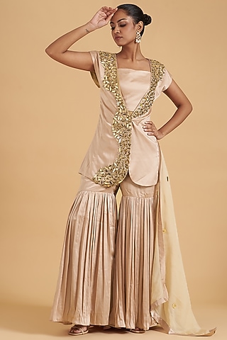 Pink Satin Embroidered Sharara Set by Sidhaarth and Disha