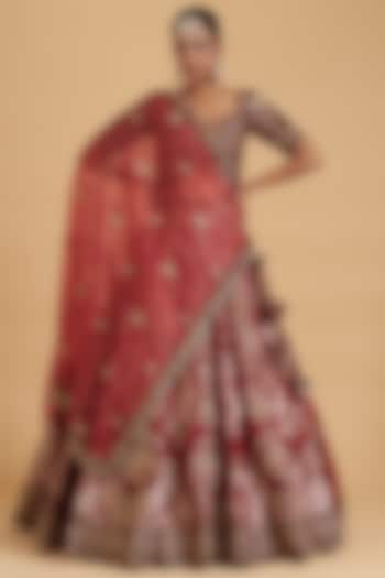 Crimson Red Banarasi Silk Lehenga Set by Sidhaarth and Disha