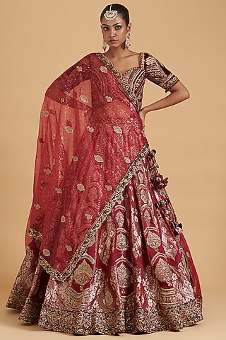 Crimson Red Banarasi Silk Lehenga Set by Sidhaarth and Disha