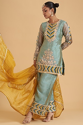 Blue Organza Embroidered Kurta Set by Sidhaarth and Disha