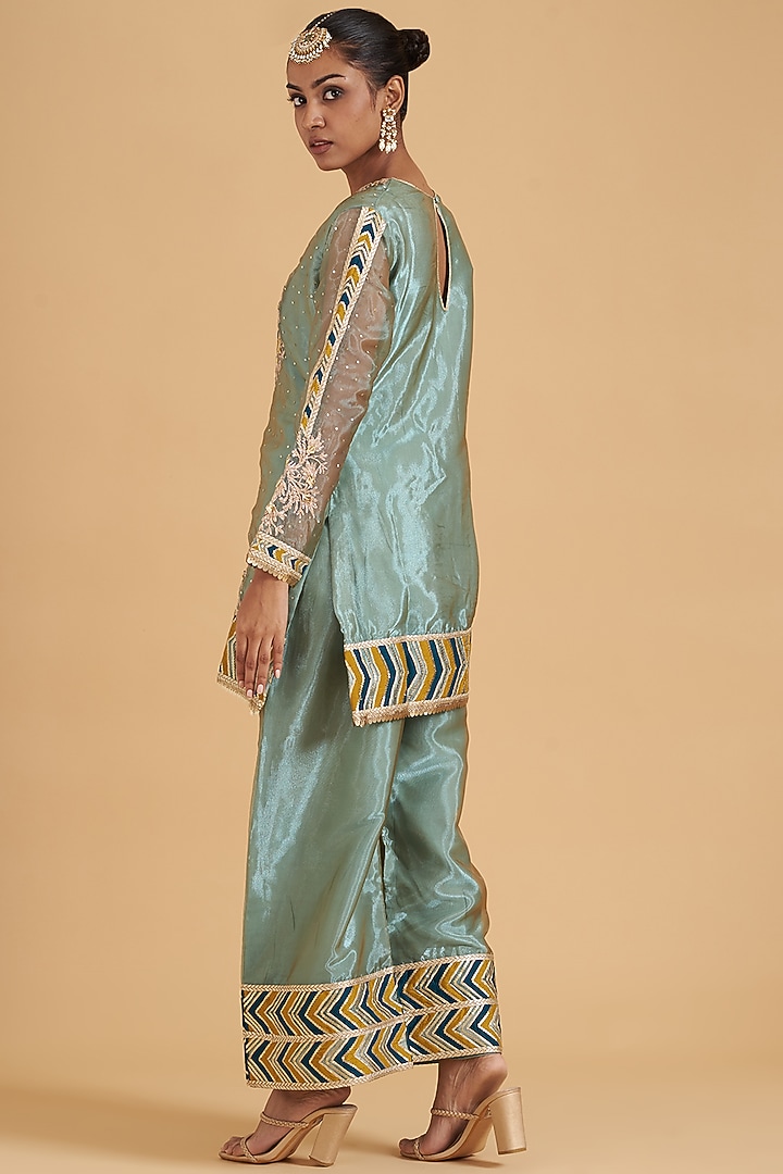 Blue Organza Embroidered Kurta Set by Sidhaarth and Disha at Pernia's Pop Up Shop