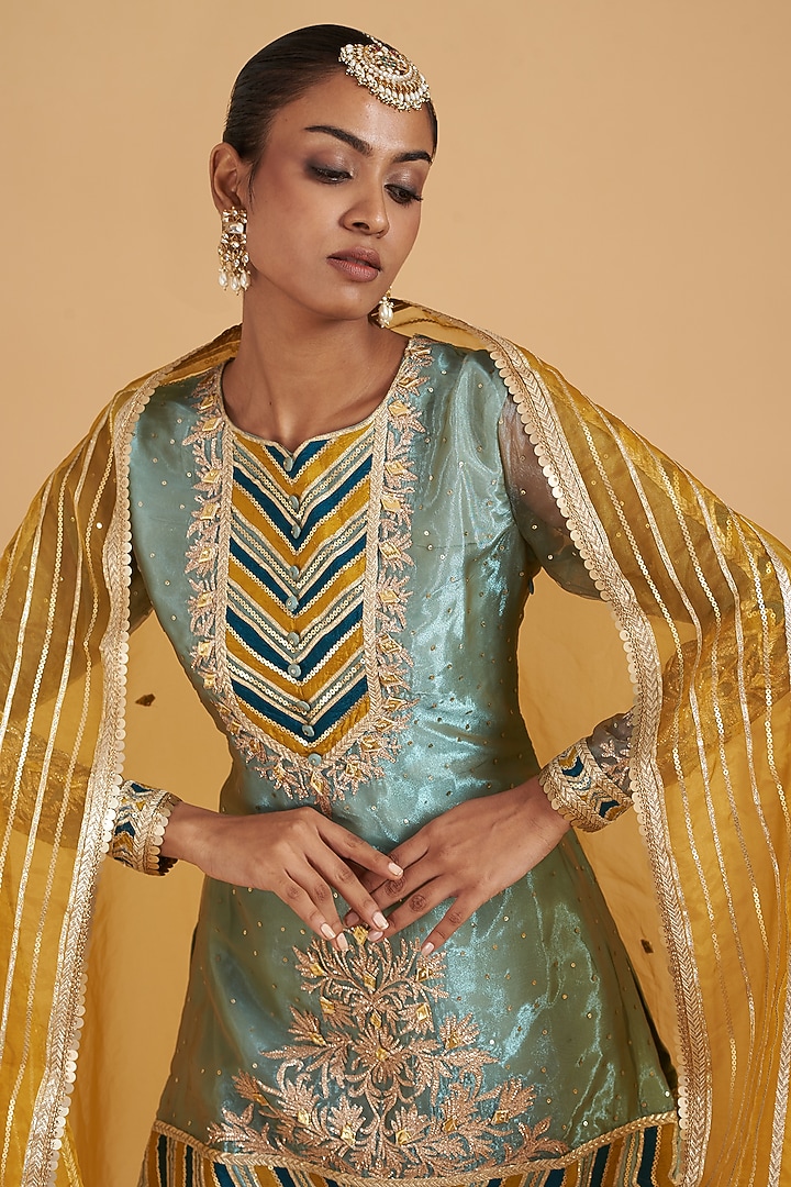 Blue Organza Embroidered Kurta Set by Sidhaarth and Disha at Pernia's Pop Up Shop