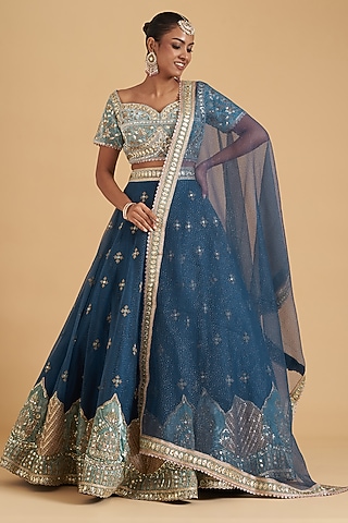 Blue Organza Embroidered Lehenga Set by Sidhaarth and Disha
