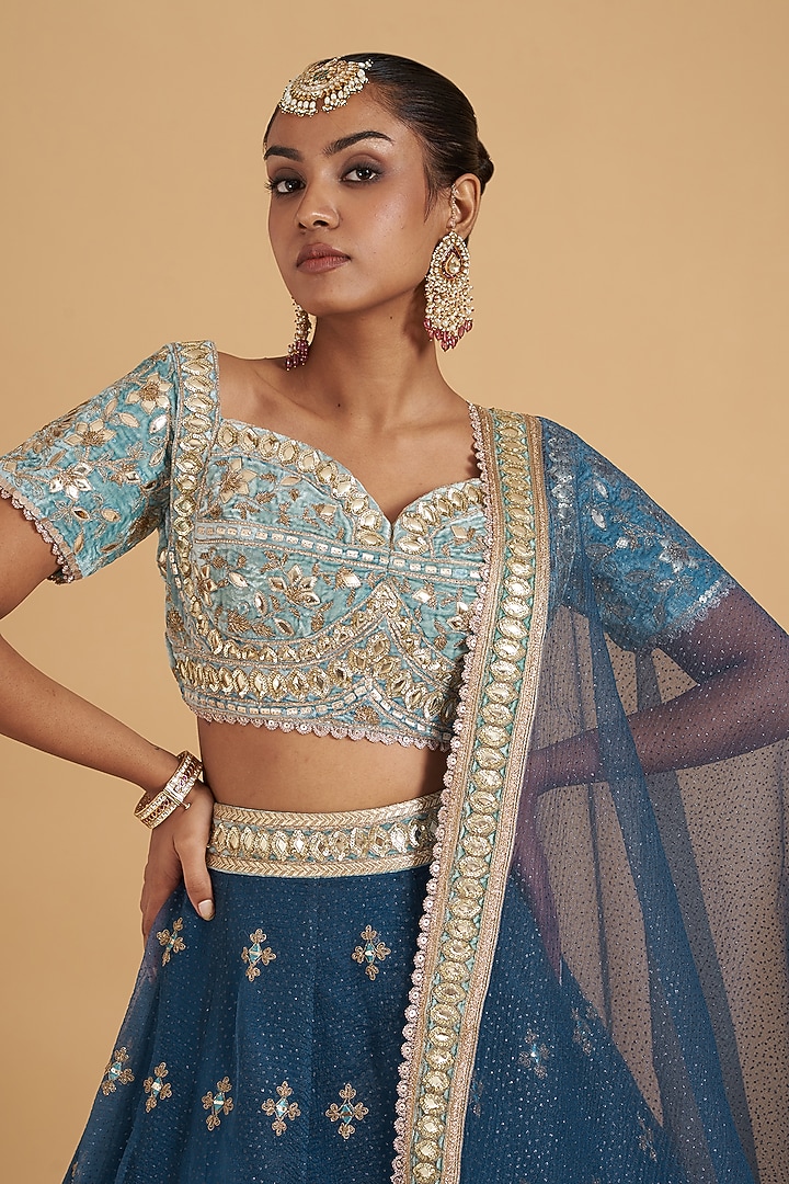 Blue Organza Embroidered Wedding Lehenga Set by Sidhaarth and Disha at Pernia's Pop Up Shop