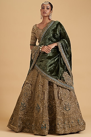Dull Gold Organza Hand Embroidered Lehenga Set by Sidhaarth and Disha
