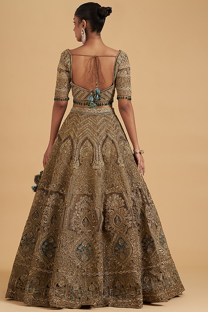 Dull Gold Organza Hand Embroidered Bridal Lehenga Set by Sidhaarth and Disha at Pernia's Pop Up Shop
