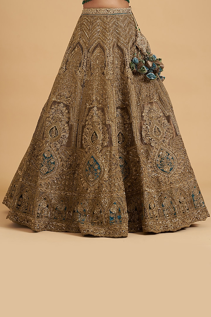 Dull Gold Organza Hand Embroidered Bridal Lehenga Set by Sidhaarth and Disha at Pernia's Pop Up Shop
