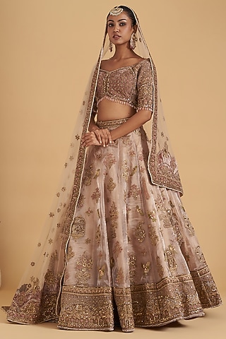 Gold Organza Hand Embroidered Lehenga Set by Sidhaarth and Disha