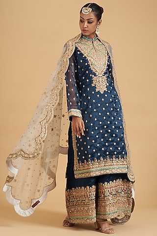 Midnight Blue Zari Embroidered Kurta Set by Sidhaarth and Disha
