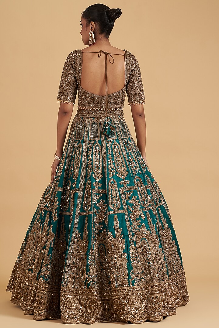 Teal Blue Silk Hand Embroidered Bridal Lehenga Set by Sidhaarth and Disha at Pernia's Pop Up Shop