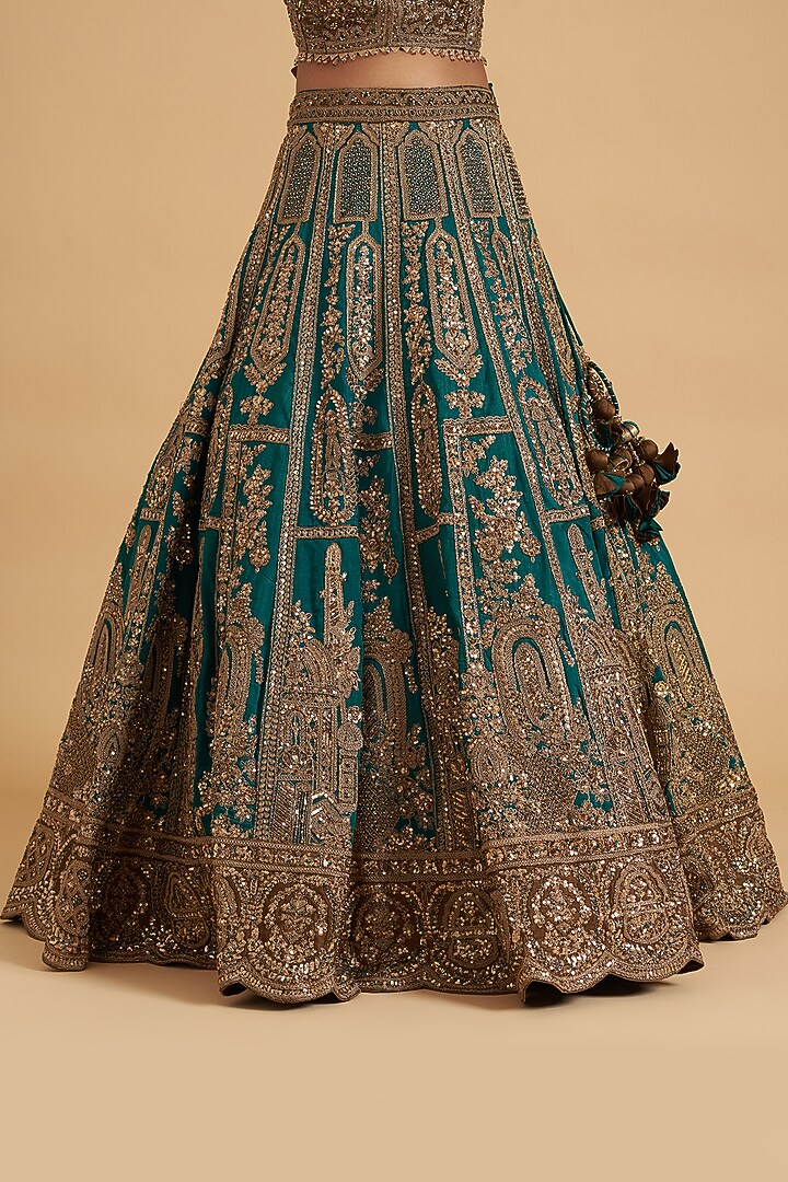 Teal Blue Silk Hand Embroidered Bridal Lehenga Set by Sidhaarth and Disha at Pernia's Pop Up Shop