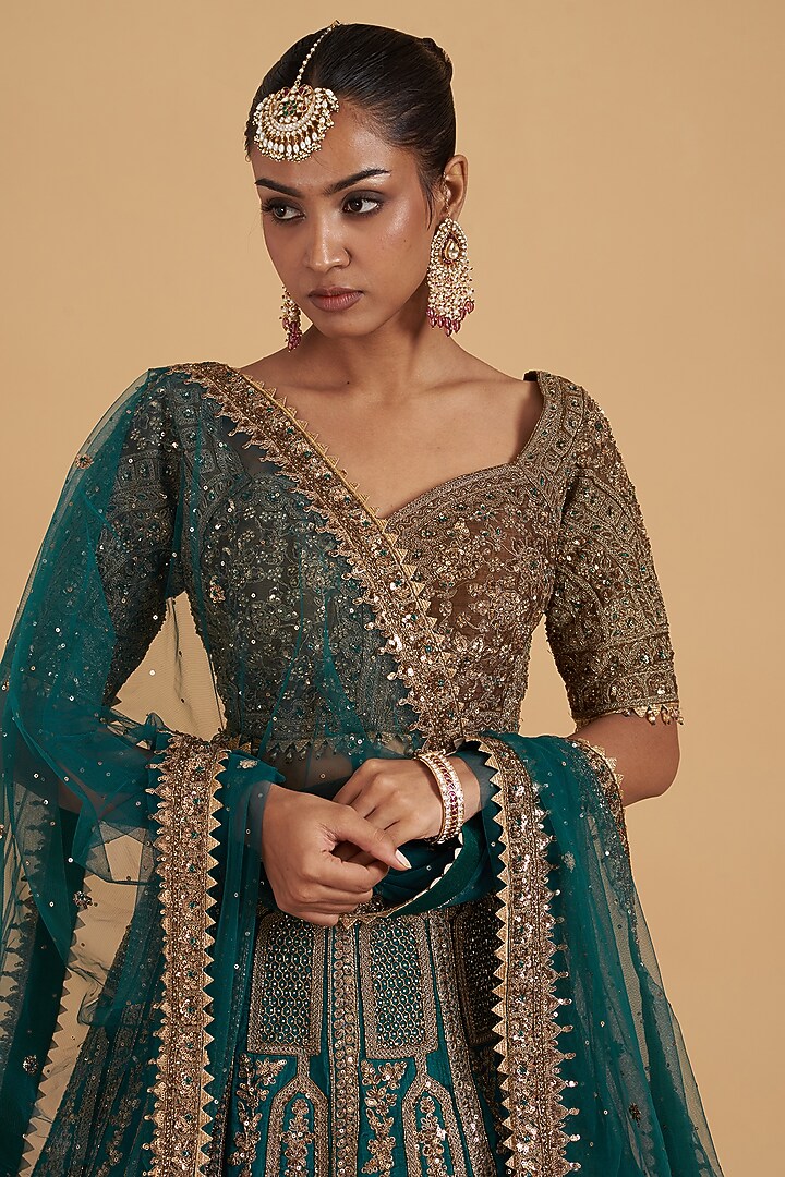 Teal Blue Silk Hand Embroidered Bridal Lehenga Set by Sidhaarth and Disha at Pernia's Pop Up Shop