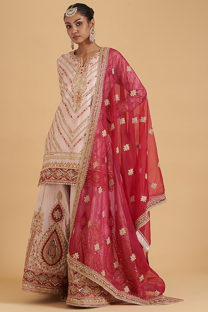 Pink Shimmer Chiffon Embroidered Wedding Sharara Set by Sidhaarth and Disha at Pernia's Pop Up Shop