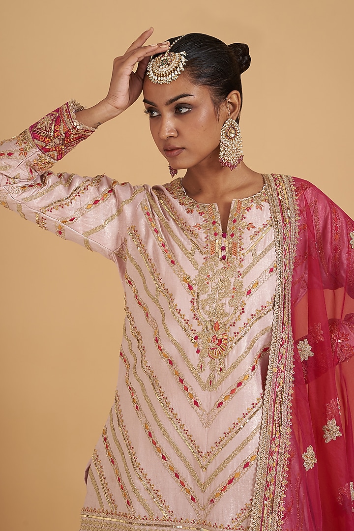 Pink Shimmer Chiffon Embroidered Wedding Sharara Set by Sidhaarth and Disha at Pernia's Pop Up Shop