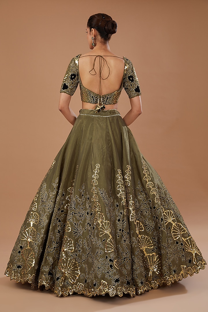 Olive Green Shimmer Organza Applique Embroidered Wedding Lehenga Set by Sidhaarth and Disha at Pernia's Pop Up Shop