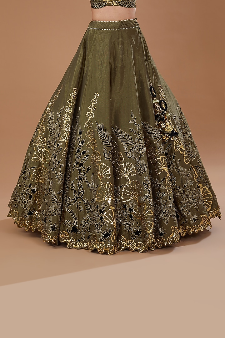 Olive Green Shimmer Organza Applique Embroidered Wedding Lehenga Set by Sidhaarth and Disha at Pernia's Pop Up Shop