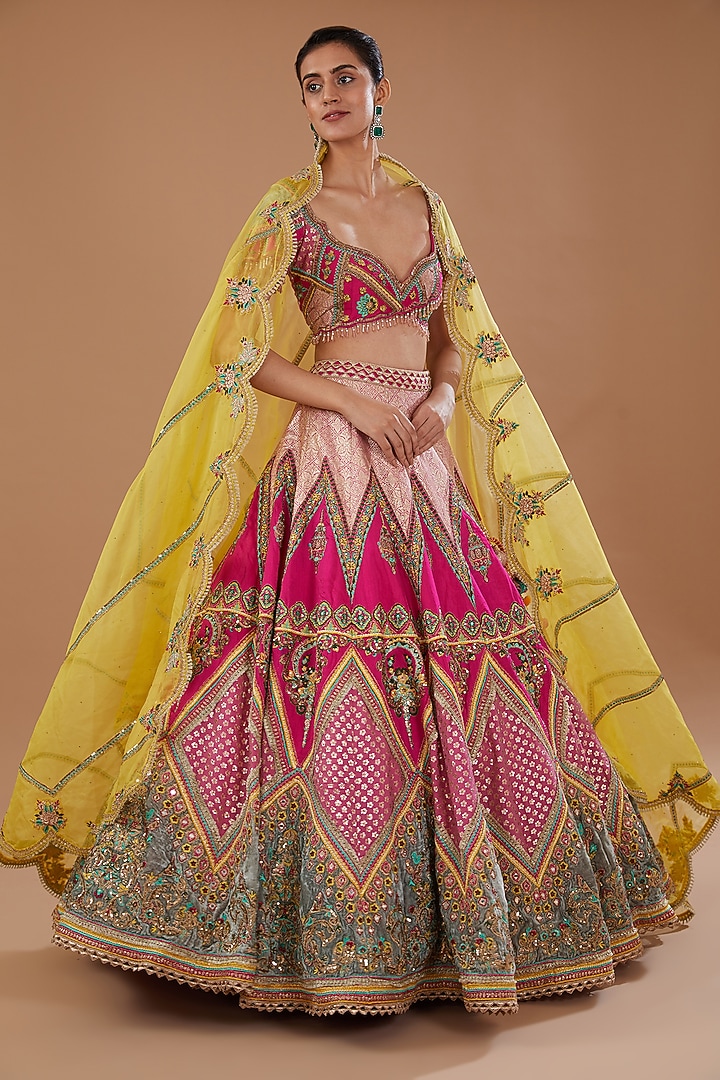 Rani Pink Silk Aari Embroidered Wedding Lehenga Set by Sidhaarth and Disha at Pernia's Pop Up Shop
