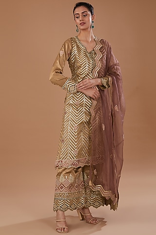 Beige Crush Silk Gota Embroidered Kurta Set by Sidhaarth and Disha