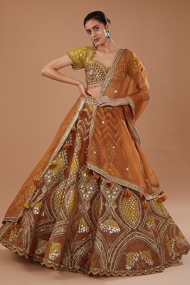 Orange Organza Raw Silk Zari Embroidered Wedding Lehenga Set by Sidhaarth and Disha at Pernia's Pop Up Shop