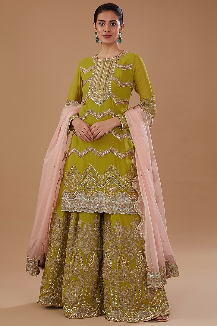 Mustard Georgette Dori Embroidered Sharara Set by Sidhaarth and Disha at Pernia's Pop Up Shop