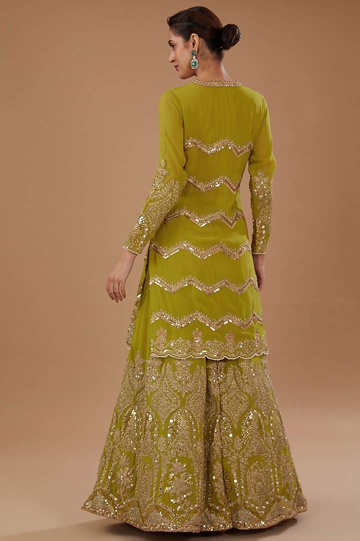 Mustard Georgette Dori Embroidered Sharara Set by Sidhaarth and Disha at Pernia's Pop Up Shop