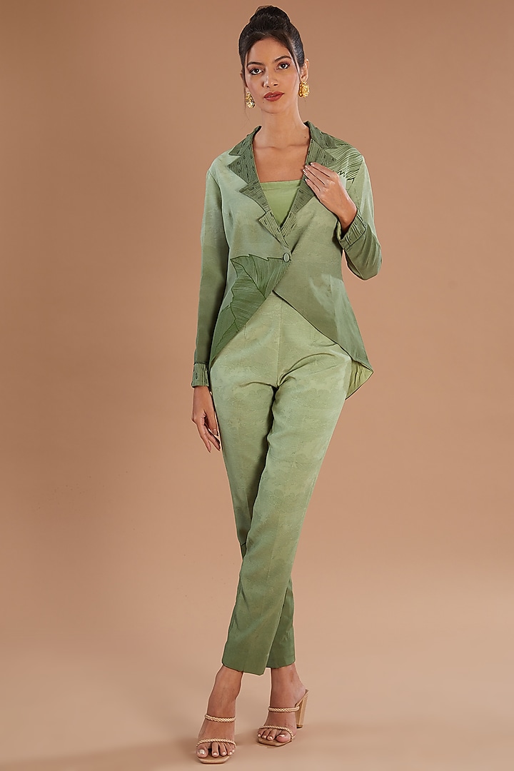 Green Crepe Printed & Embroidered Blazer Set by Sidhaarth and Disha at Pernia's Pop Up Shop