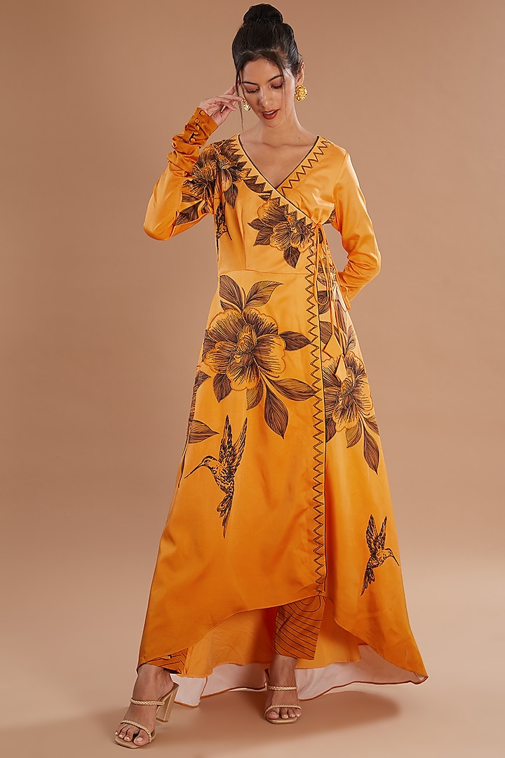 Orange Cupro Satin Printed & Embroidered Angrakha Kurta Set by Sidhaarth and Disha