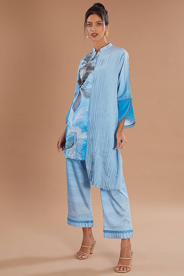 Blue Cupro Satin Printed & Embroidered Co-Ord Set by Sidhaarth and Disha at Pernia's Pop Up Shop