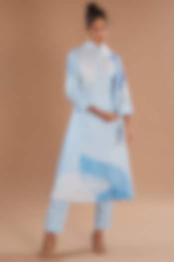 Blue Cupro Satin Printed & Embroidered Kurta Set by Sidhaarth and Disha at Pernia's Pop Up Shop