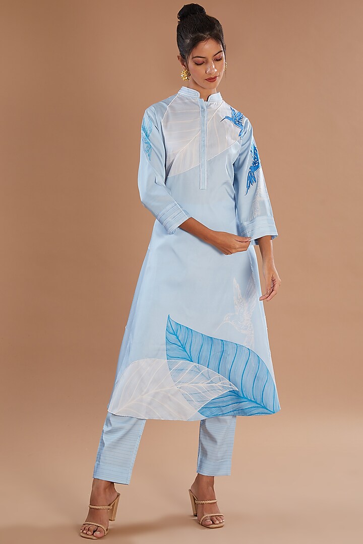 Blue Cupro Satin Printed & Embroidered Kurta Set by Sidhaarth and Disha at Pernia's Pop Up Shop