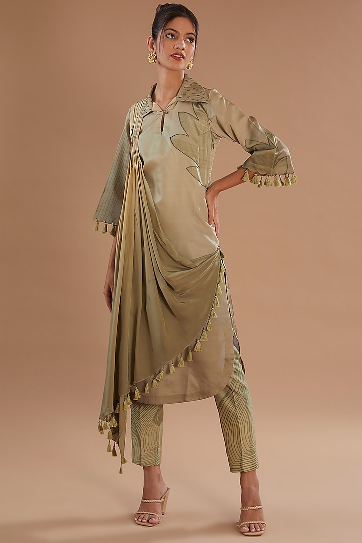 Green Cupro Satin Printed & Embroidered Draped Kurta Set by Sidhaarth and Disha at Pernia's Pop Up Shop