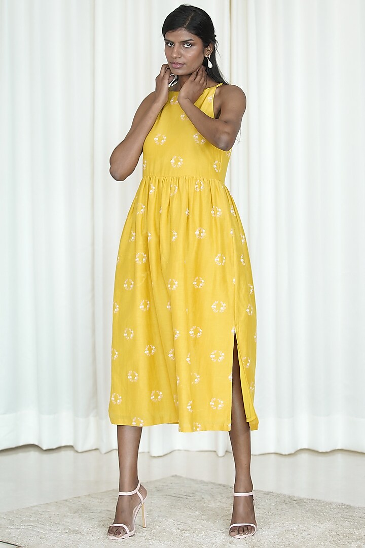 Yellow Printed Dress With Side Slits by Shiori