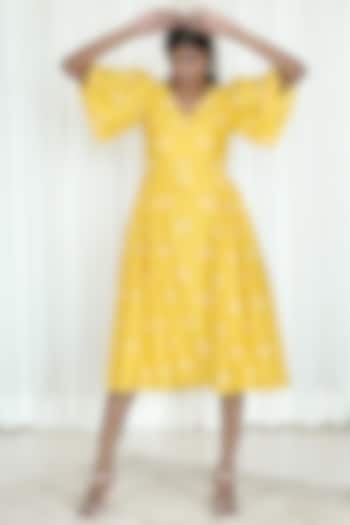 Yellow Printed Dress With Flounce Sleeves by Shiori