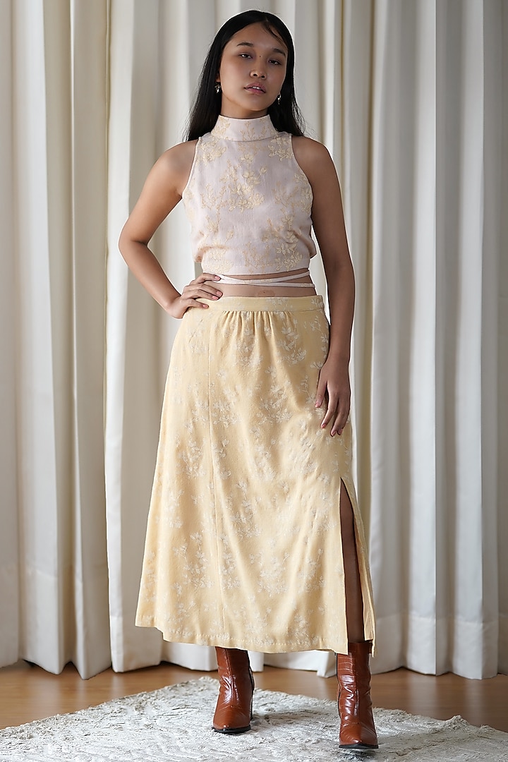 Yellow Wool Hand Block Printed Slit Skirt Set by Shiori at Pernia's Pop Up Shop