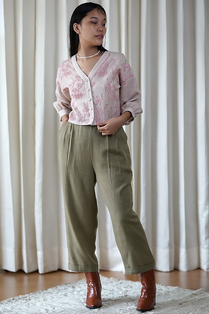 Light Olive Wool Pleated Pant Set by Shiori at Pernia's Pop Up Shop